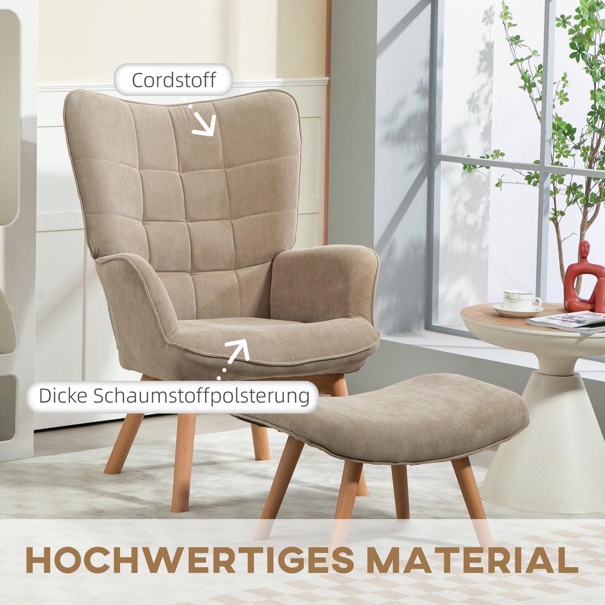 OHRENSESSEL mit Hocker, Relaxsessel, Polstersessel in Cord-Optik, mit Holzbeine - Hellbraun/Braun, Buchenholz/Textil (72/101/80cm) - HOMCOM