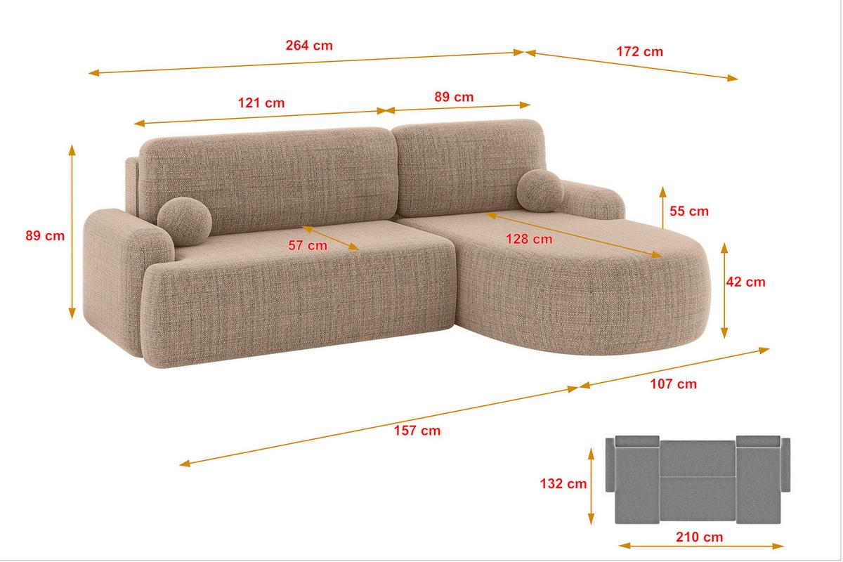 ECKSOFA mit Schlaffunktion und Bettkasten LIRA-L - 264x172x89 Dunkelbeige - Sahara, Holzwerkstoff/Textil (172/264cm) - ALTDECOR