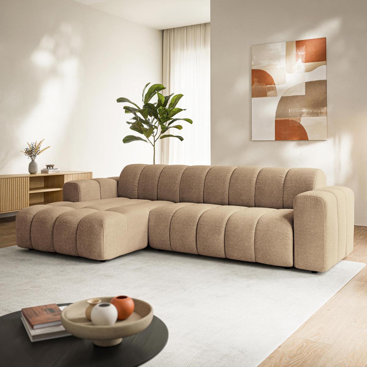 ECKSOFA SETIA Beige Strukturstoff mit Schlaffunktion - Beige, Holz (304/165cm) - MASSENO