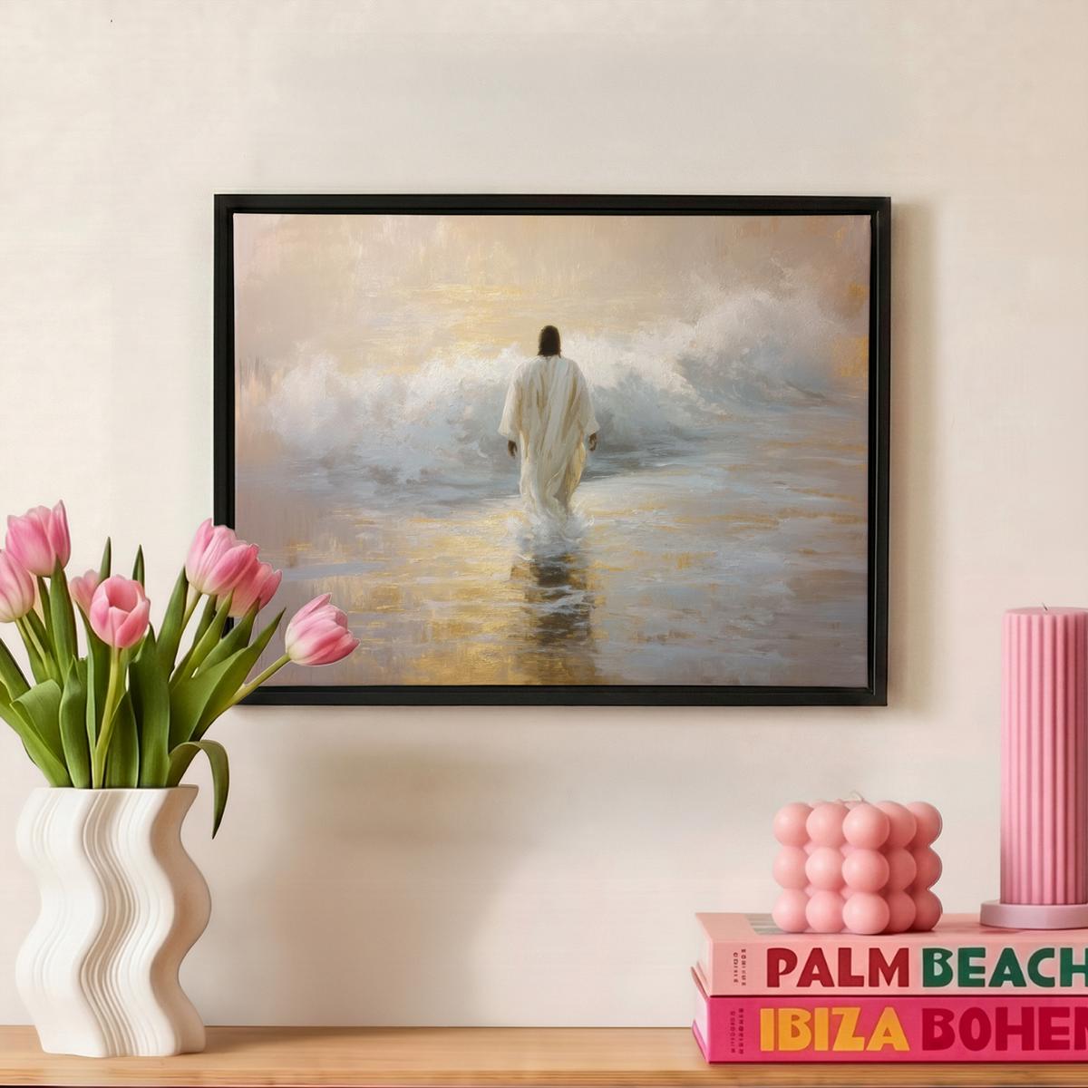 LEINWAND Bilder mit Rahmen - Gemälde - Welle - Jesus - Abstrakt - 40x30 - Goldfarben, Textil (40/30cm) - MuchoWow