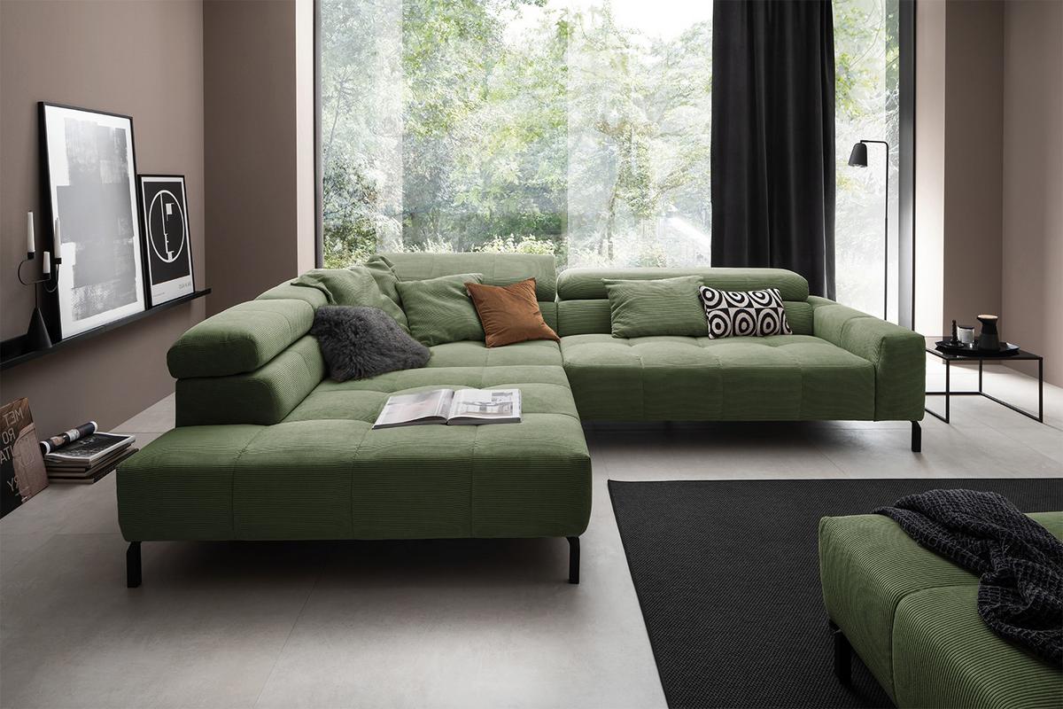 ECKSOFA OHIO Grün Cord - Schwarz/Olivgrün, Textil/Metall (311/219cm) - KAWOLA