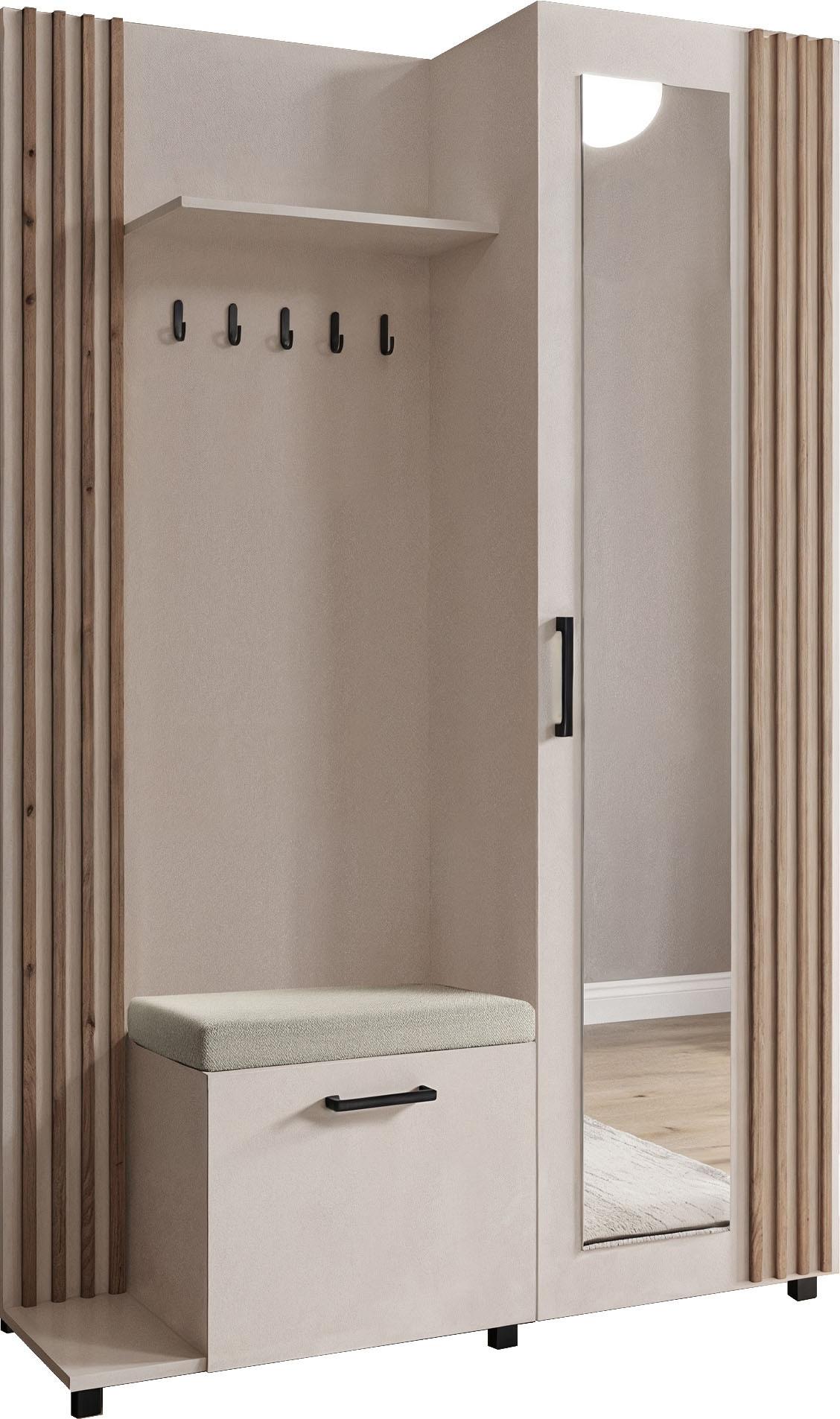GARDEROBE Linaro mit Spiegel, Sitzbank in Lamellen-Optik 137/207/42 cm, Links - Kaschmir/Schwarz, Holzwerkstoff (137/207/42cm) - WFL GROUP