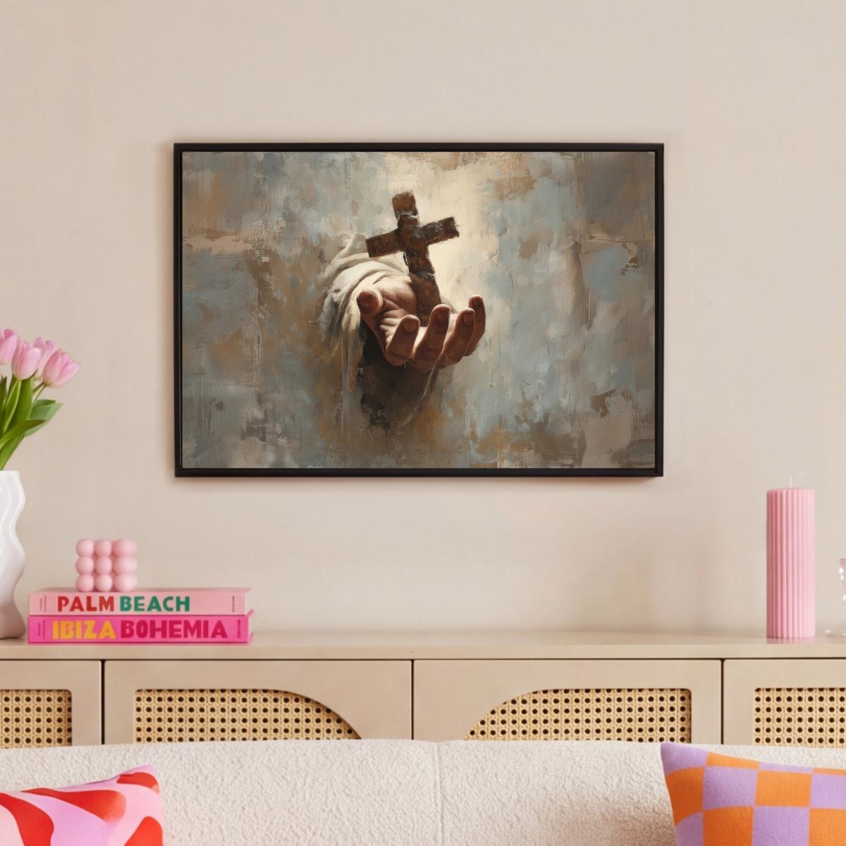 LEINWAND Bilder mit Rahmen - Abstrakt - Kreuz - Hand - Christentum - 60x40 - Hellbraun, Textil (60/40cm) - MuchoWow