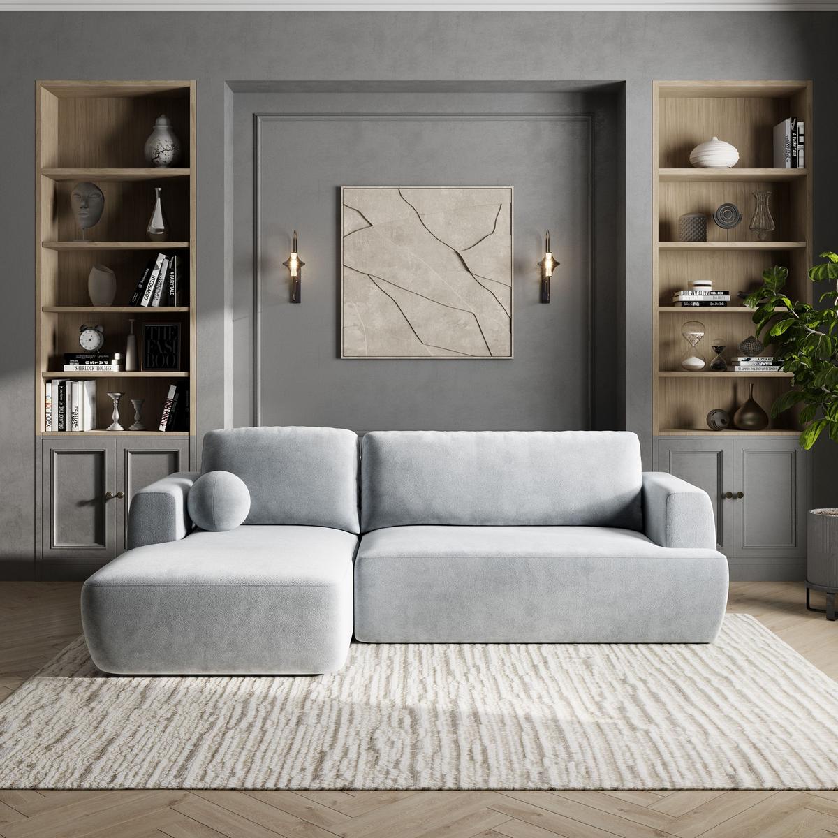 ECKSOFA SENTI K L-S Hellgrau Plüsch-Stoff mit Schlaffunktion - Hellgrau/Schwarz, Holz/Kunststoff (246/148cm) - MASSENO