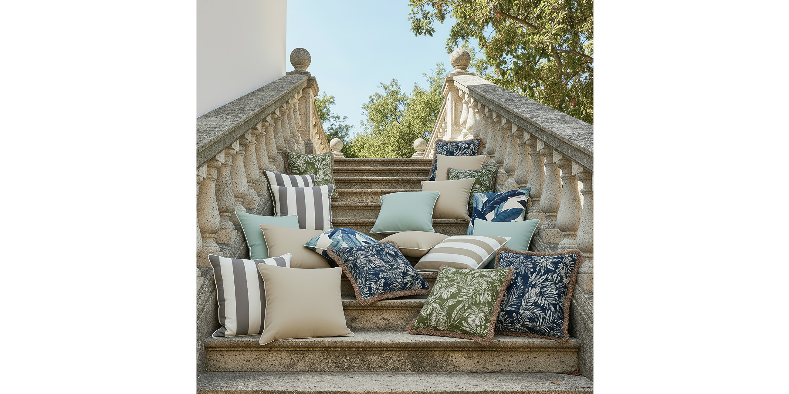 Bunte Outdoorkissen auf Treppe