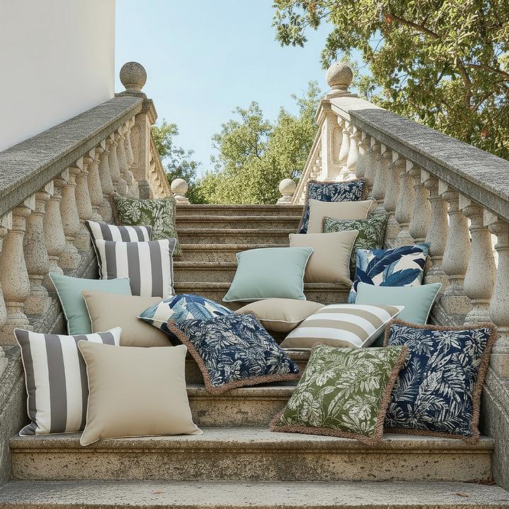 Bunte Outdoorkissen auf Treppe