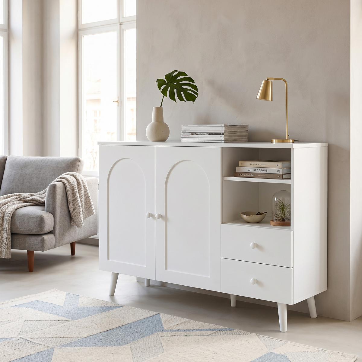SIDEBOARD 118cm mit gewölbten Türen, 2 Schubladen, für Wohnzimmer - Weiß, Holzwerkstoff (118/82/35cm) - Urban Meuble