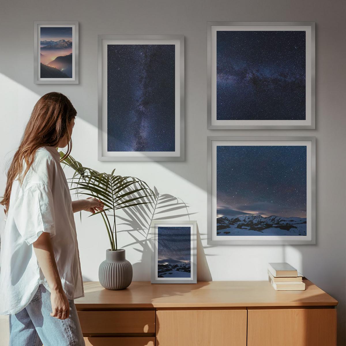 BILDER SET 5er Set - 50x50 cm & 20x30 cm & 40x60 cm Silberner Rahmen - Spiegelung der Felsen in Bergseen - Silberfarben, Kunststoff (40/60cm) - TULUP