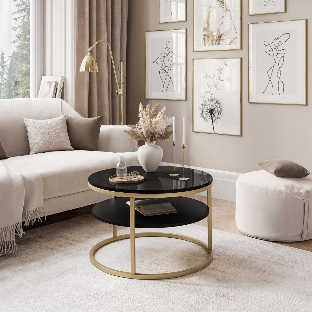 COUCHTISCH CIRI SLIM mit Regal Hochglanz - Goldfarben/Schwarz, Holzwerkstoff (60/60/42cm) - Lookway
