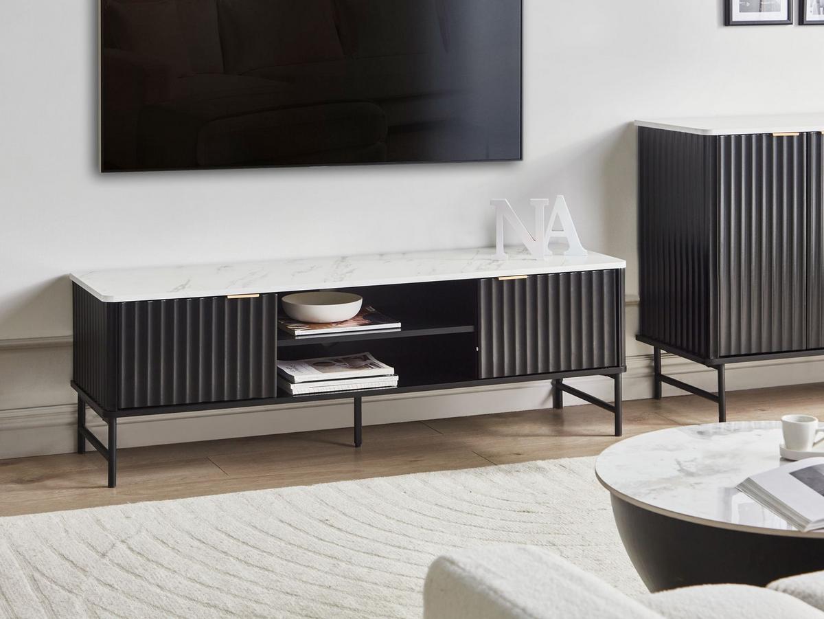 TV-MÖBEL Marmor Optik/Schwarz Glastonbury - Schwarz/Weiß, Holzwerkstoff (140/46/40cm) - Beliani