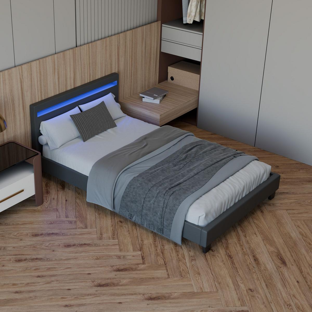 POLSTERBETT Paris mit LED dunkelgrau 120x200cm - Dunkelgrau, Holz (120/200cm) - Juskys