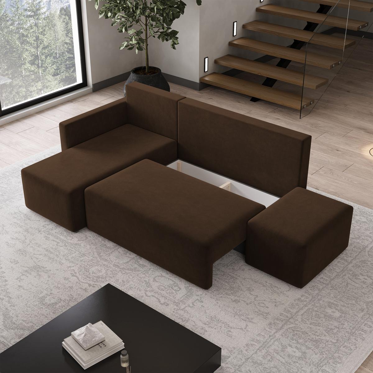 ECKSOFA VELOTTI L-S Braun Plüsch-Stoff mit Schlaffunktion - Braun, Holz (261/143cm) - MASSENO