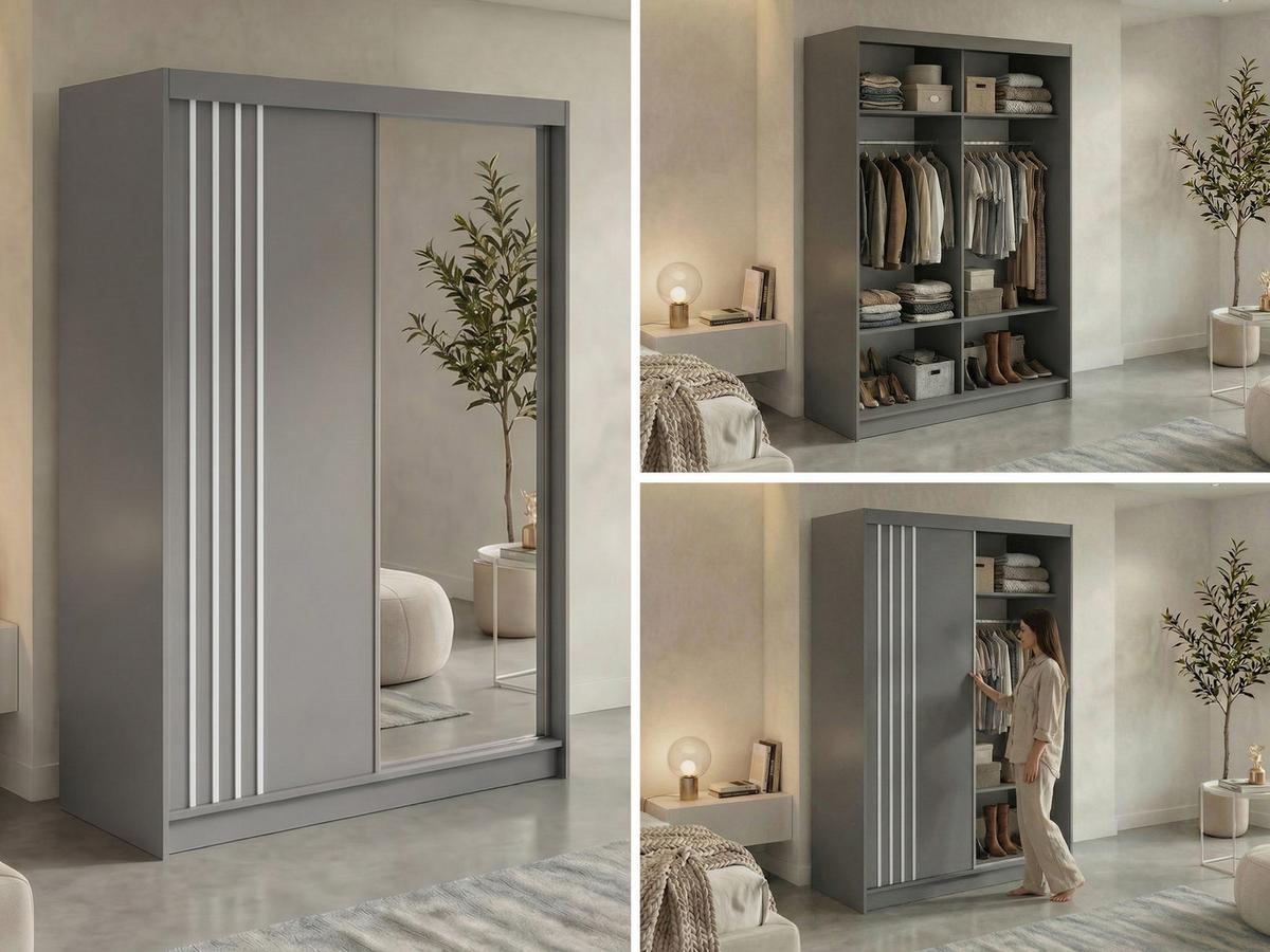 SCHWEBETÜRENSCHRANK mit Lamellen und Spiegel DIANA - 150 - Grau und Weiß - Alufarben/Weiß, Holzwerkstoff/Metall (150/216/61cm) - MKS
