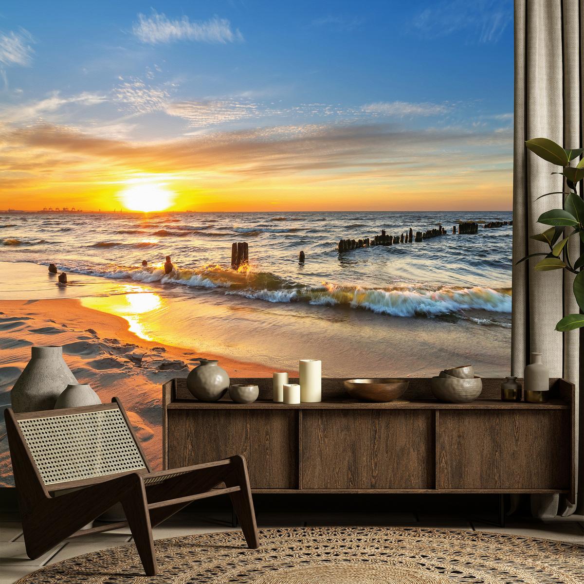 FOTOTAPETE Sonnenuntergang Strand Meer Landschaft 3D 300x210 cm - Beige/Orange, Papier (300/210cm) - Muralo