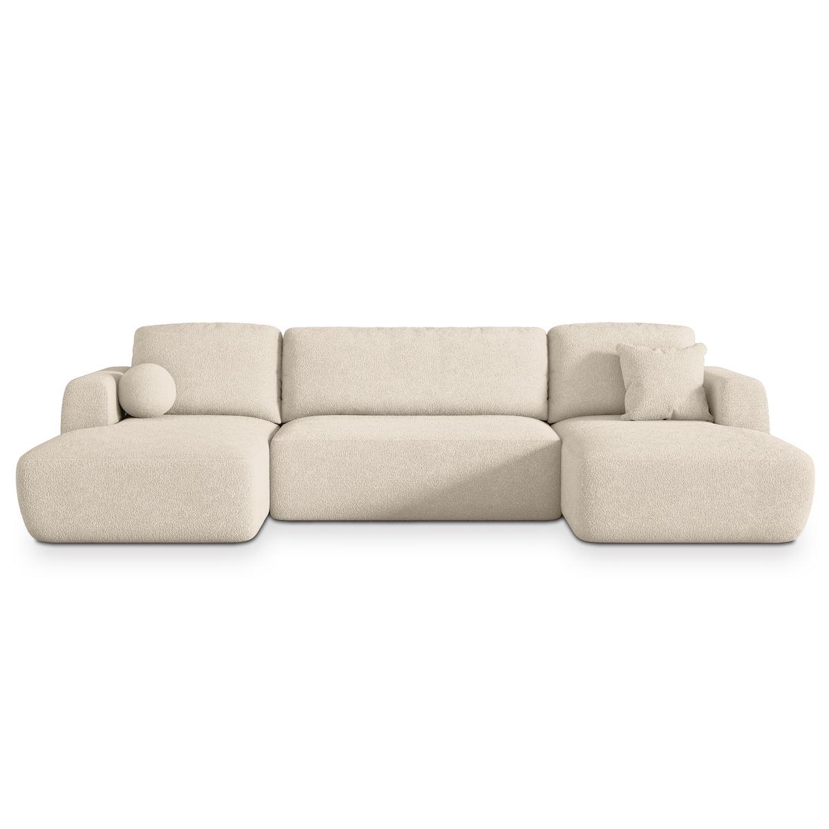 WOHNLANDSCHAFT SENTUM N Creme Boucle-Stoff mit Schlaffunktion - Creme/Schwarz, Holz/Kunststoff (330/90/148cm) - MASSENO