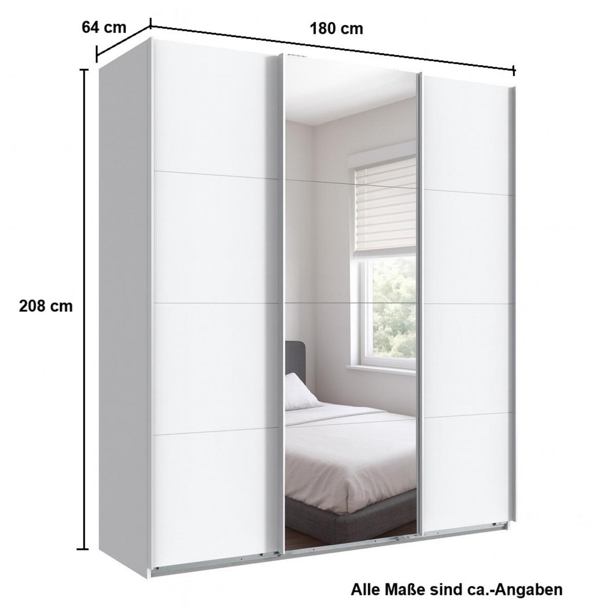 SCHWEBETÜRENSCHRANK 3-türig B180/H208/T64 cm in Weiß, Kleiderschrank mit einer Spiegeltür / 22511 - Weiß, Holzwerkstoff/Metall (180/208/64cm) - luma-home