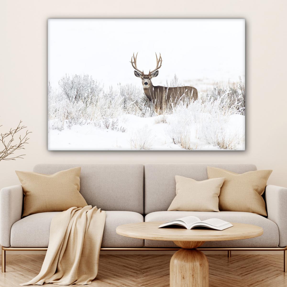 LEINWANDBILD Hirsche - Winter - Schnee - Tiere - Jahreszeiten - Weiß Wohnzimmer Groß 120x80 cm - Hellbraun, Textil (120/80cm) - MuchoWow