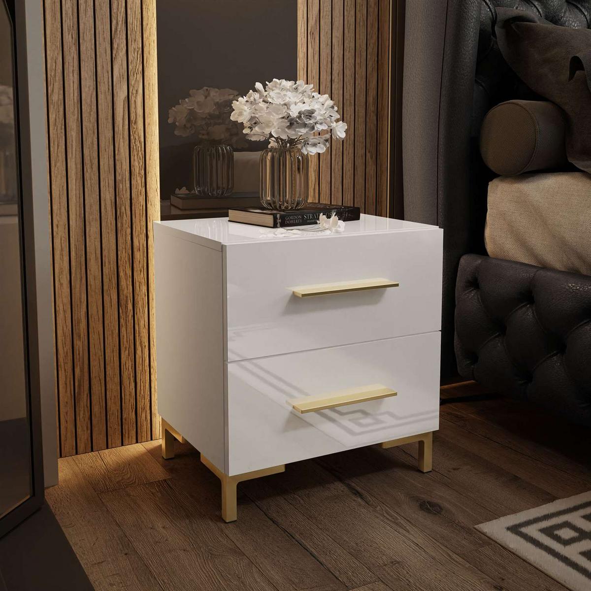 NACHTTISCH LINA LUX mit Griffen und Beinen, Hochglanzplatte – Beinfarbe: Gold - Weiß, Holzwerkstoff (45/50/38.5cm) - Lookway