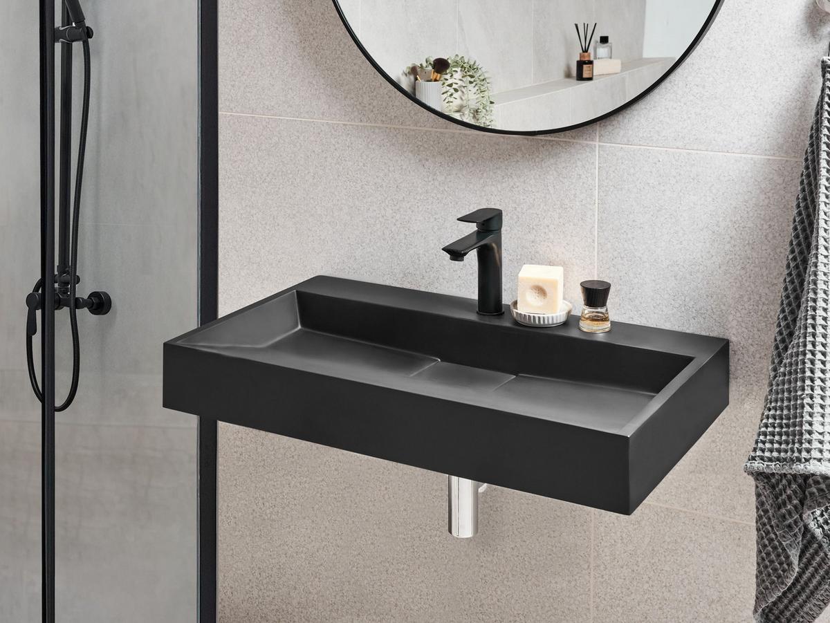 HÄNGEWASCHBECKEN Schwarz 80/46 cm Mineralguss Quenko - Schwarz, Naturmaterialen (80/12/46cm) - Beliani