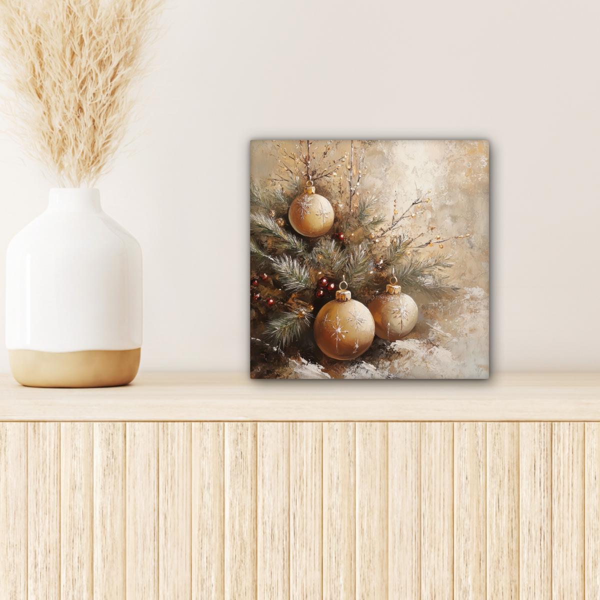LEINWANDBILD Weihnachten - Kugeln - Beige - Gold Deko Wohnzimmer 20x20 cm - Goldfarben, Textil (20/20cm) - MuchoWow