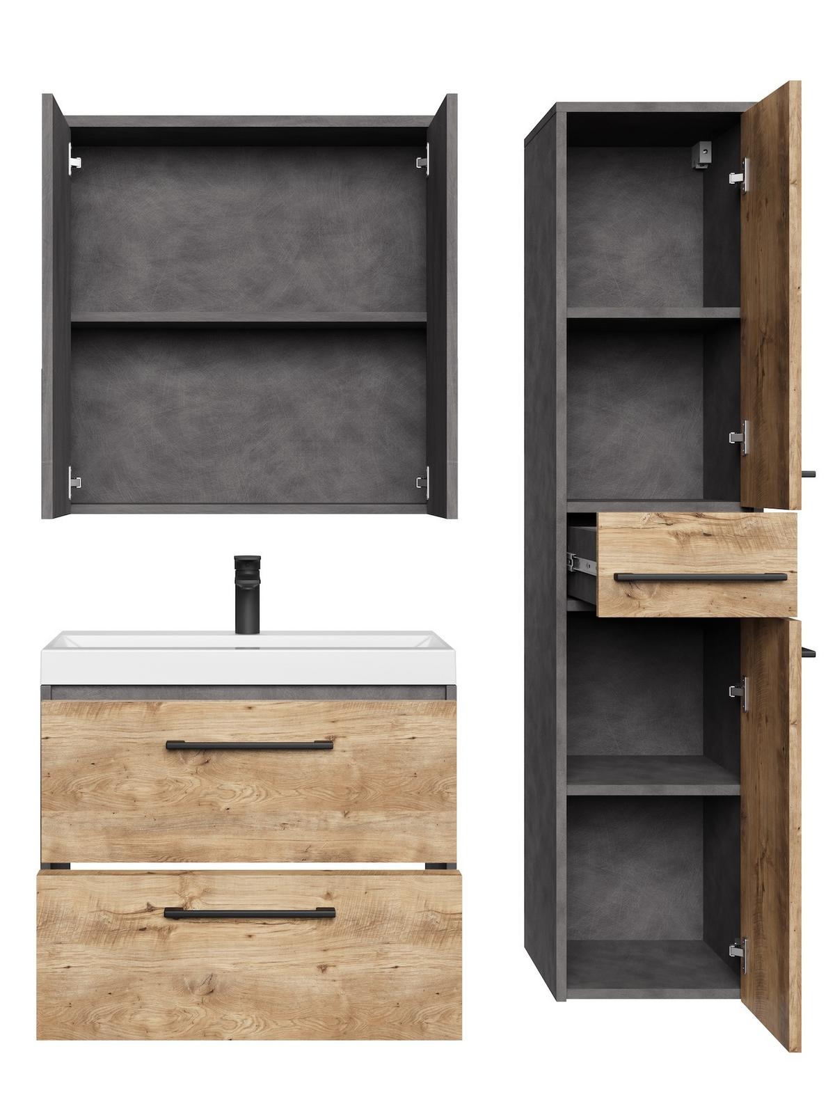 BADMÖBEL-SET Florence 4 Teile Kastanien Eiche / Grau - 60 x 35 x 51 cm - Eichefarben/Grau, Holz (60/51/35cm) - Badplaats