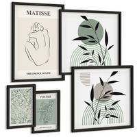 BILDER SET 5er Set - 50x50 cm & 20x30 cm & 40x60 cm Schwarzer Rahmen - Linien, Pflanzenmuster, Minimalismus - Schwarz, Kunststoff (40/60cm) - TULUP