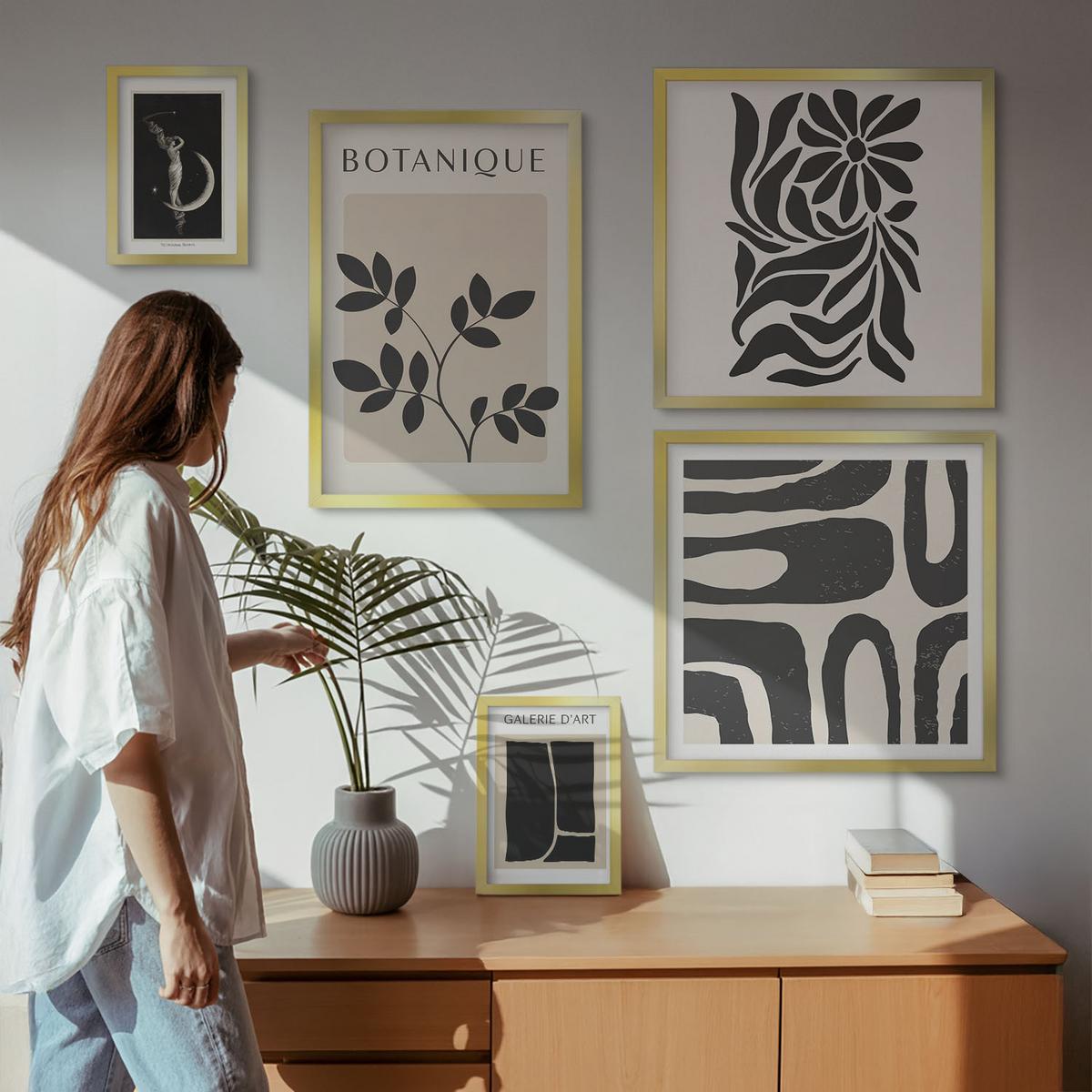 BILDER SET 5er Set - 50x50 cm & 20x30 cm & 40x60 cm Goldrahmen - Abstrakte Pflanzenmuster - Goldfarben, Kunststoff (40/60cm) - TULUP