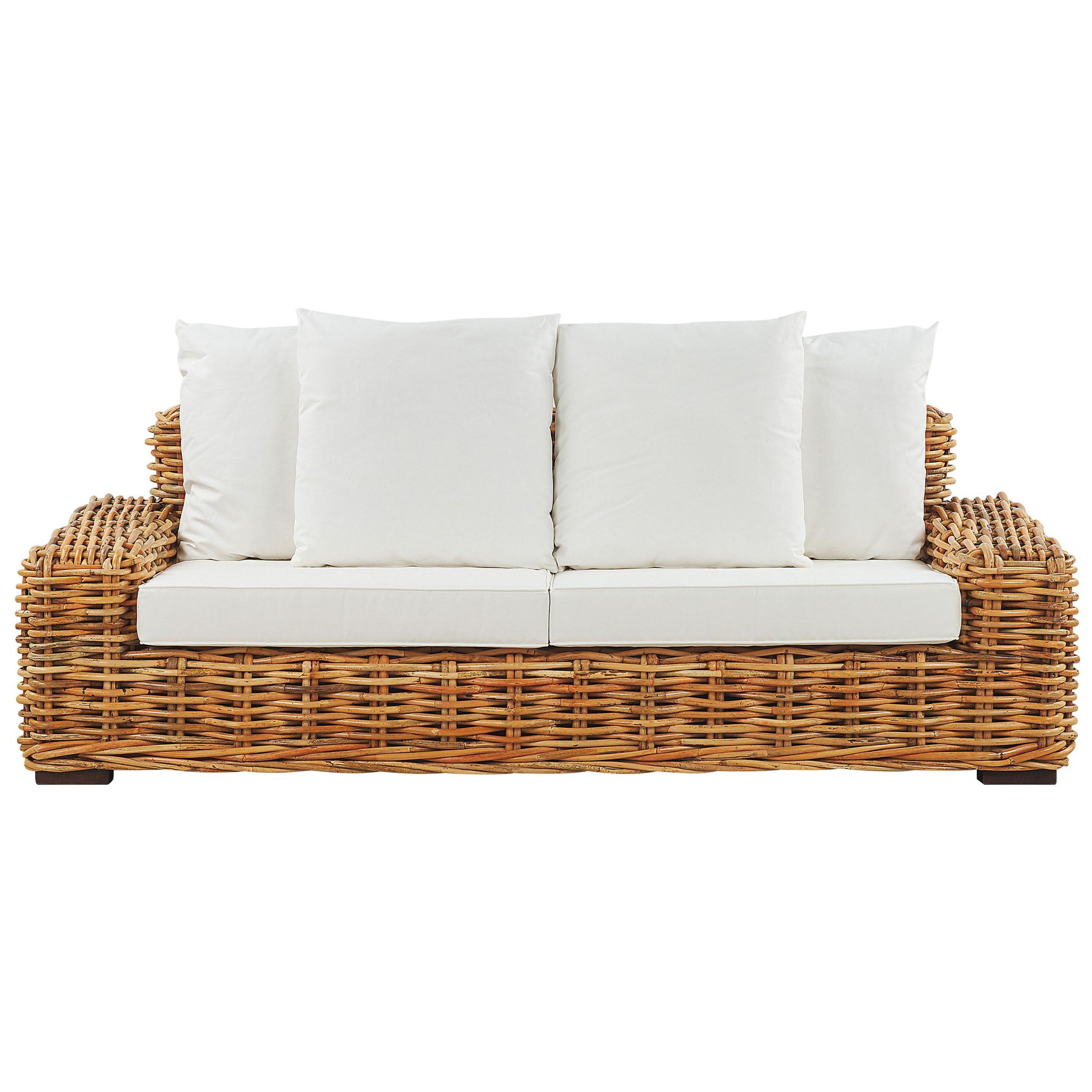 GARTENSOFA 3-Sitzer Rattan natürlich Auflagen cremeweiß Forli - Beige/Naturfarben, Naturmaterialien (218/67/94cm) - Beliani