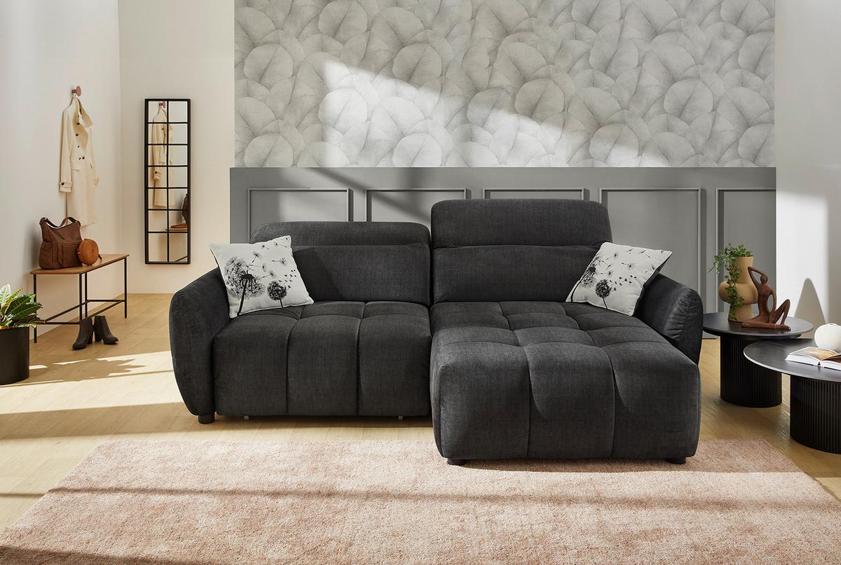 ECKSOFA mit elektrischer Sitztiefenverstellung, Kopflehnen verstellbar, USB-C und -A Ladefunktion B260/T191/H106 cm, Velours Anthrazit Schwarz / 15406 - Multicolor/Schwarz, Kunststoff/Textil (260/191cm) - luma-home