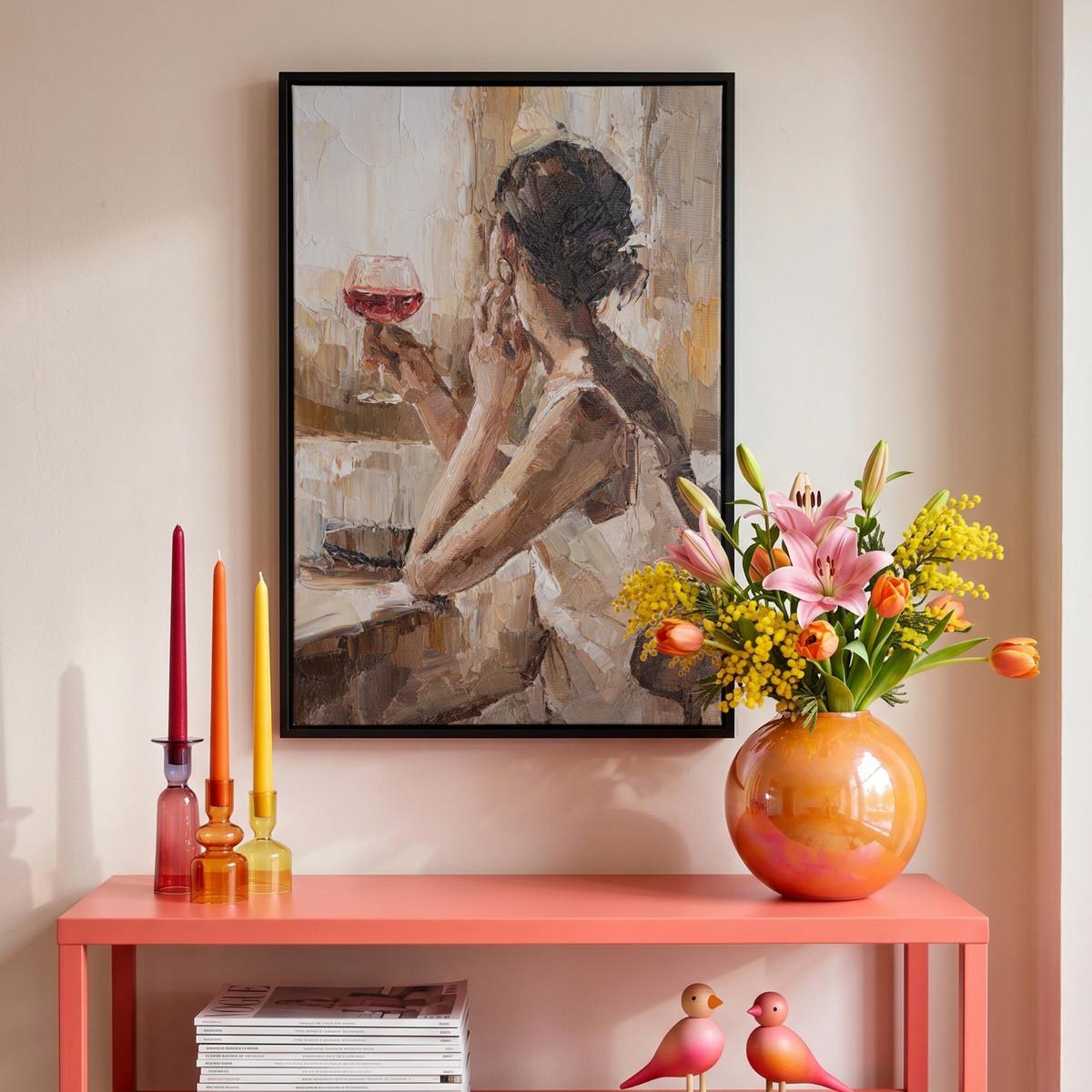 LEINWAND Bilder mit Rahmen - Ölgemälde - Frau - Wein - 40x60 - Hellbraun, Textil (40/60cm) - MuchoWow