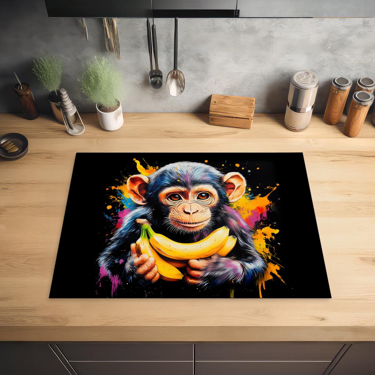 HERDABDECKPLATTE Affe - Graffiti - Farbenfroh - Bananen - Modern Herdabdeckung Induktionsfeld 70x52 cm - Gelb, Kunststoff (70/52/0.2cm) - MuchoWow