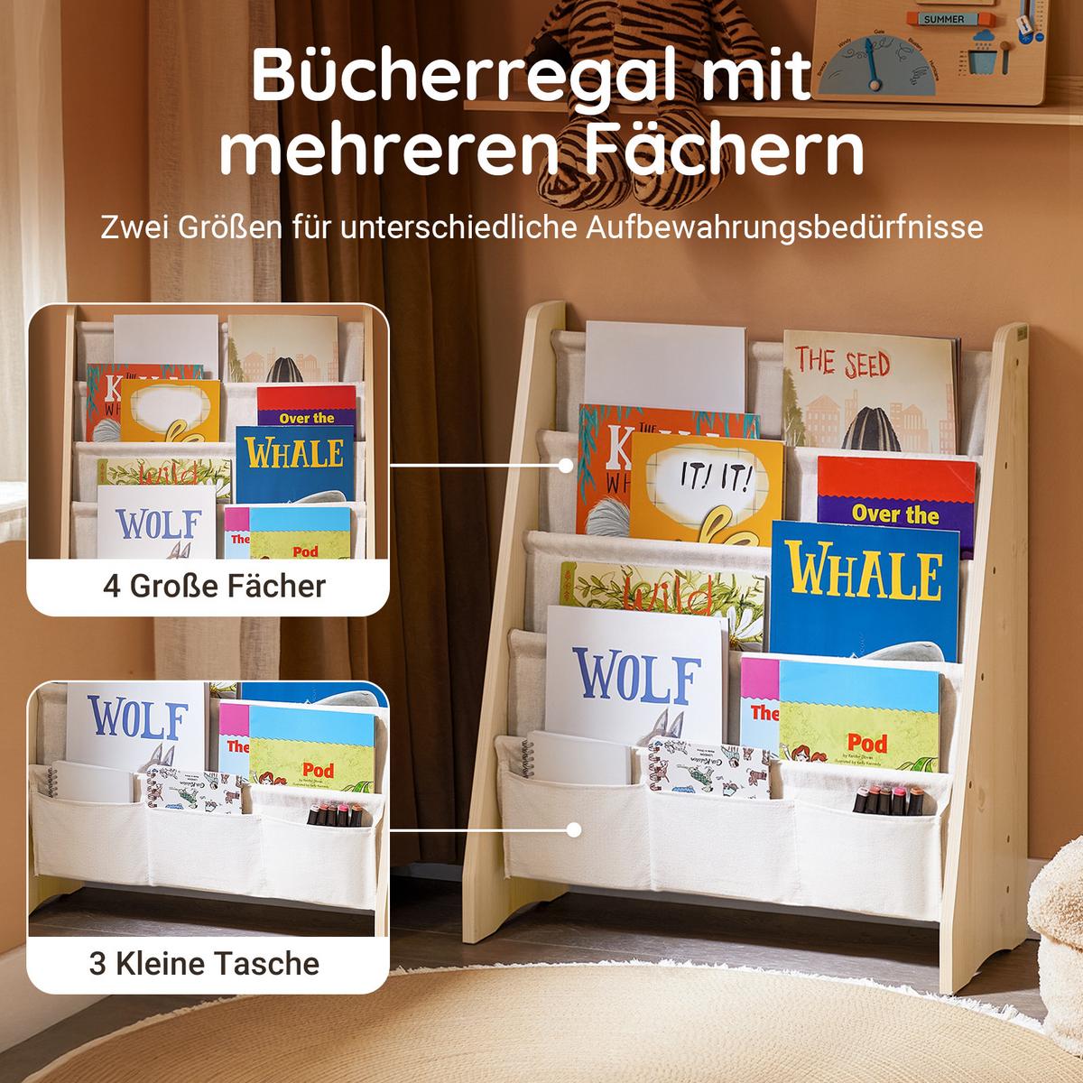 KINDER-BÜCHERREGAL mit 4 Stofffächern, Natur 63x76x28cm - Naturfarben, Holz/Holzwerkstoff (63/76/28cm) - SoBuy