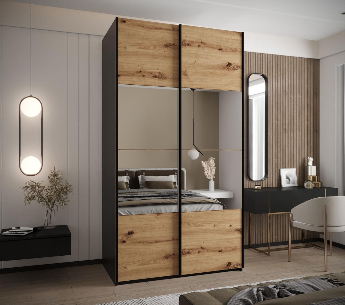 SCHWEBETÜRENSCHRANK 245,5/130/64 2-türig - Schwarz/Eiche Artisan, Holz/Metall (130/245/64cm) - Abiks Möbel