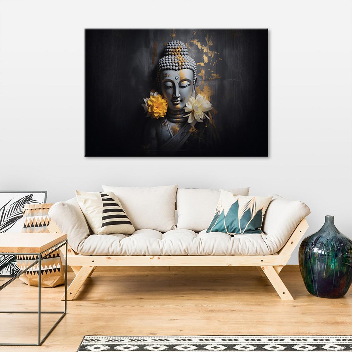 WANDBILD grauer buddha und blumen - Schwarz, Textil (60/40cm) - Feeby