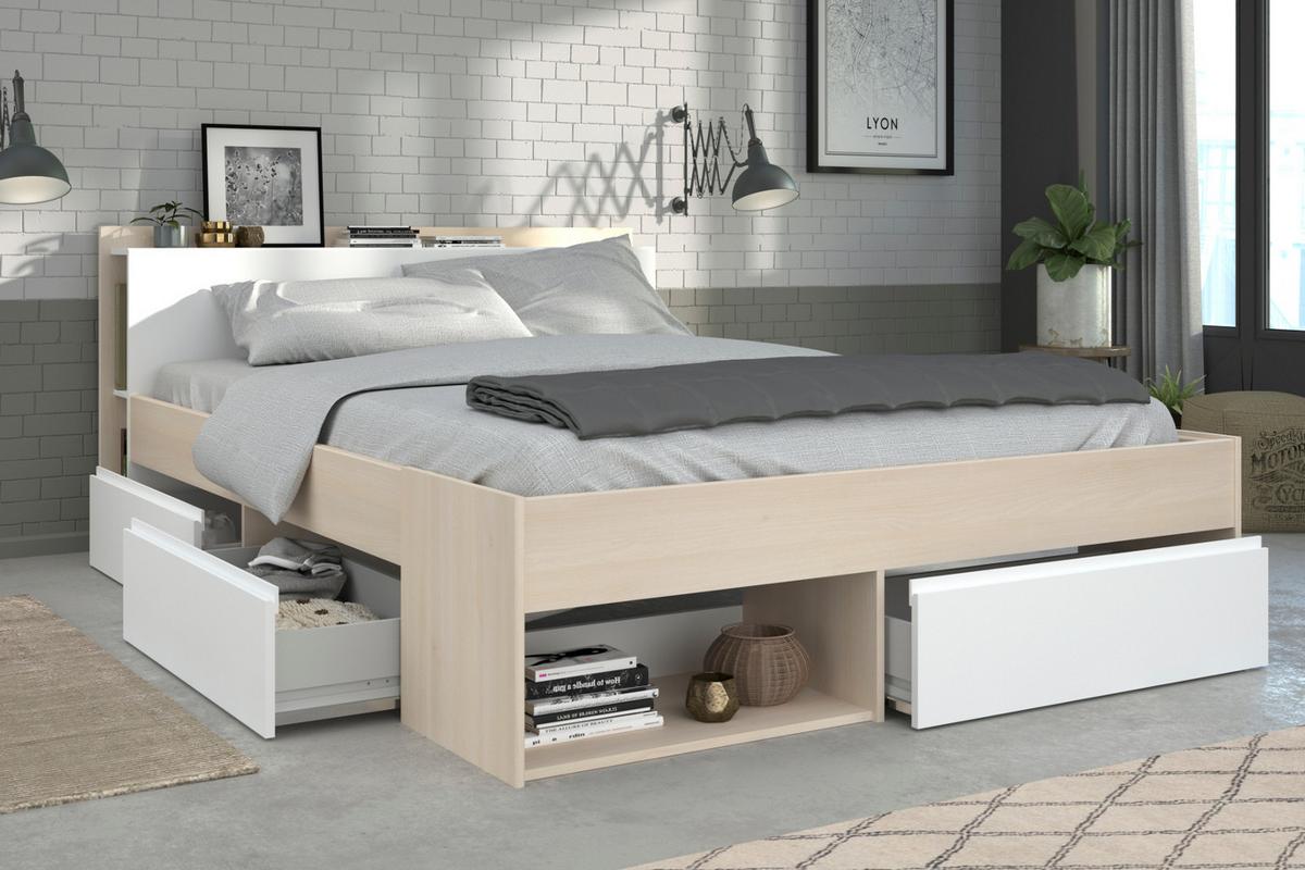 BETT mit Regal und 3 x Schubkasten Stauraumbett 160 x 200 cm - Weiß/Akaziefarben, Holz/Holzwerkstoff (160/200cm) - Parisot Meuble