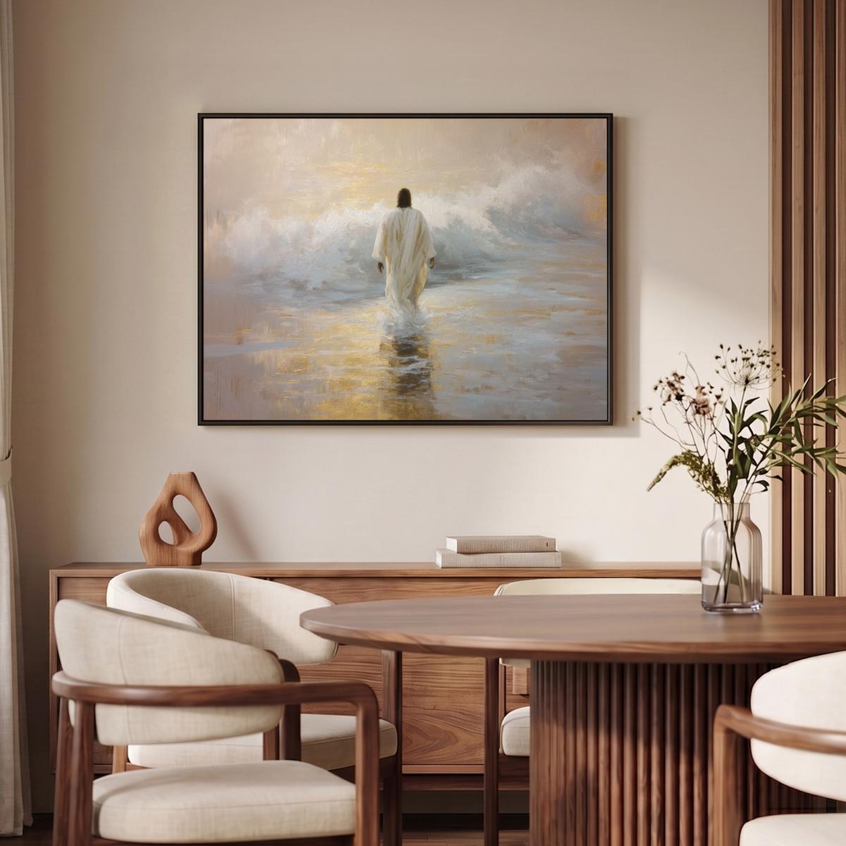 LEINWAND Bilder mit Rahmen - Gemälde - Welle - Jesus - Abstrakt - 100x70 - Goldfarben, Textil (100/70cm) - MuchoWow