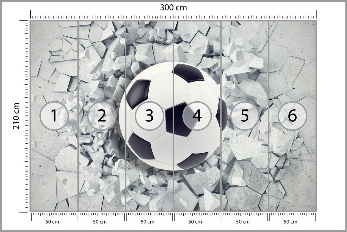 FOTOTAPETE für Kinderzimmer Fußball Riss Graue Wand Dynamik Sport 300x210 - Schwarz/Weiß, Papier (300/210cm) - Muralo
