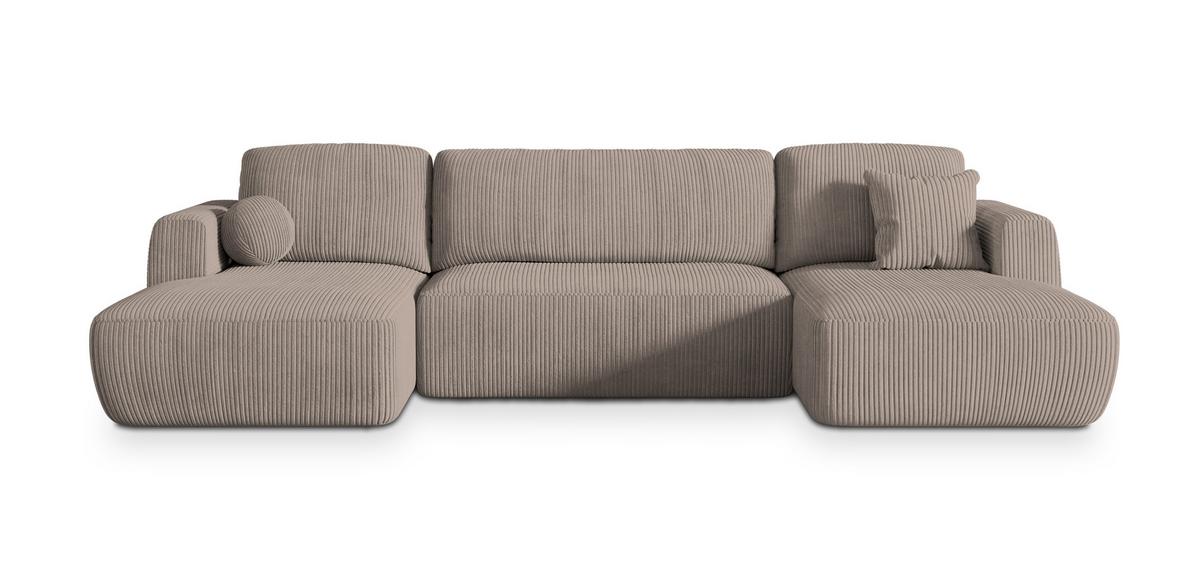 WOHNLANDSCHAFT SENTUM P Beige Kordstoff mit Schlaffunktion - Beige/Schwarz, Holz/Kunststoff (330/90/148cm) - MASSENO