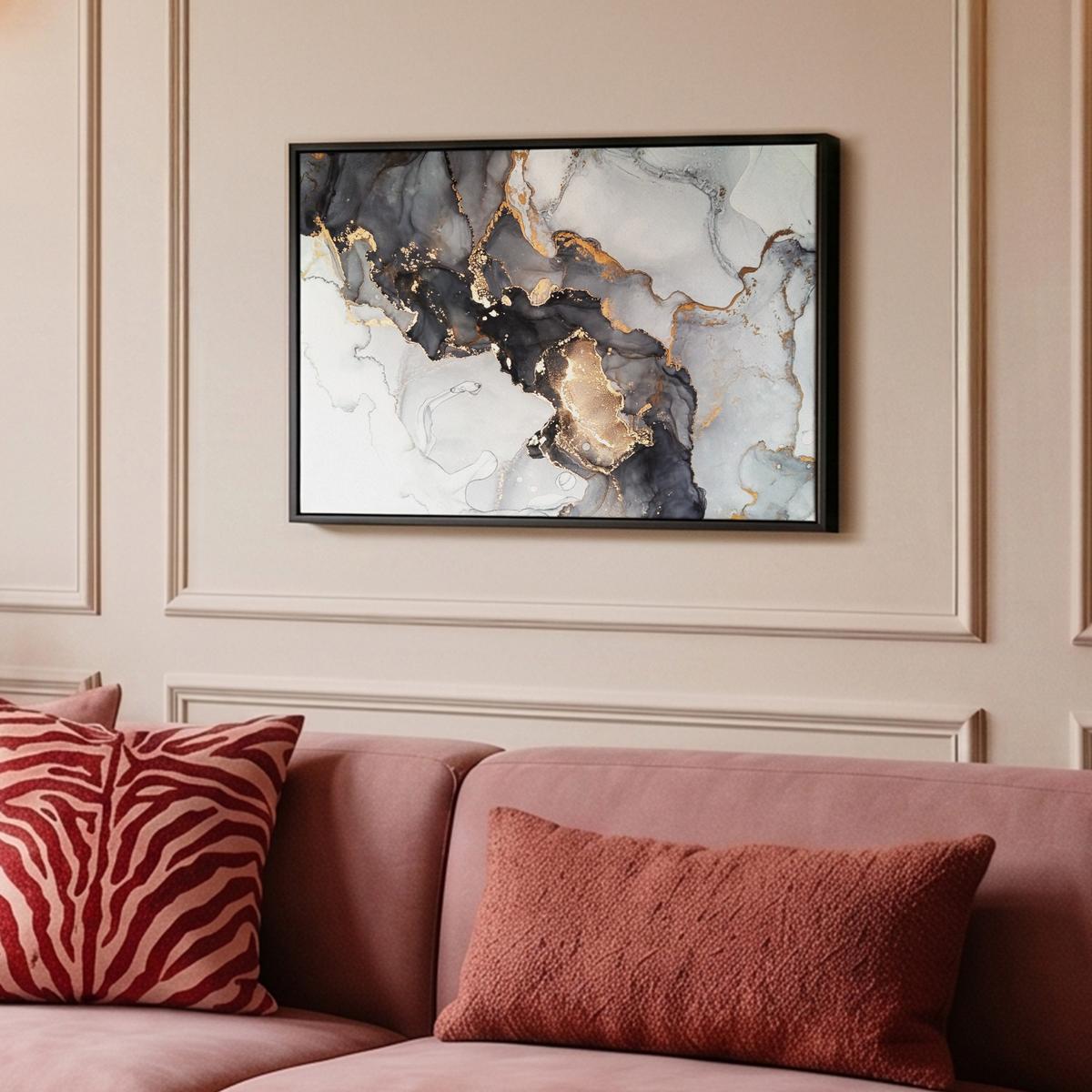 LEINWAND Bilder mit Rahmen - Marmor - Schwarz - Weiß - Gold - Luxus - Abstrakt - 60x40 - Goldfarben, Textil (60/40cm) - MuchoWow