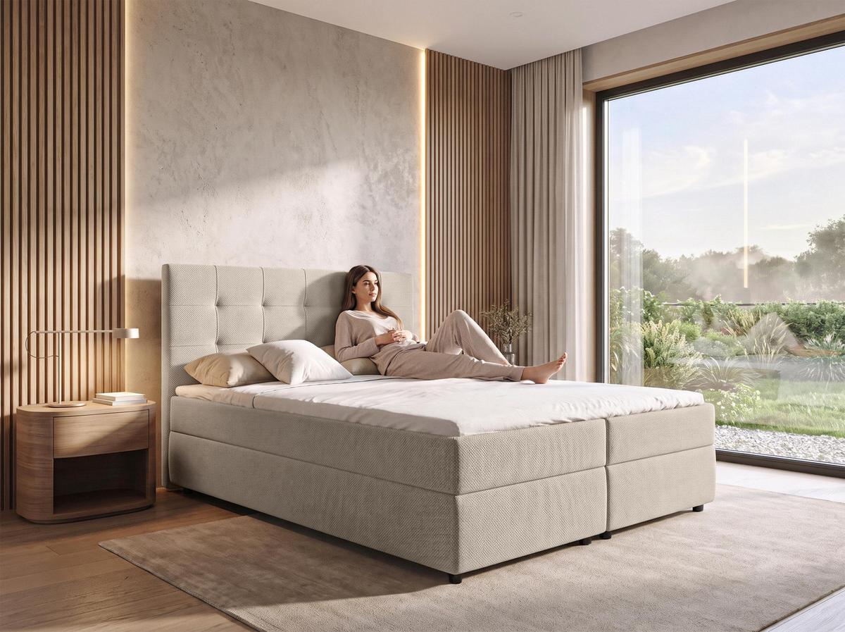 BOXBETT SAKARYA 140x200 cm mit Bettkasten und Matratze - Beige + TOPPER - Beige/Schwarz, Holz/Holzwerkstoff (140/200cm) - AX Living