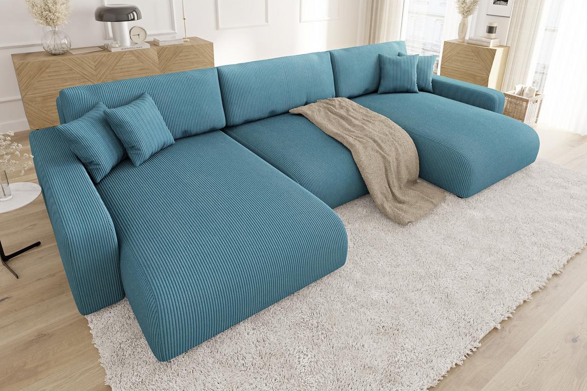 WOHNLANDSCHAFT Emma Türkis Cord - Türkis/Schwarz, Holz/Kunststoff (332/78/170cm) - S-Style Möbel