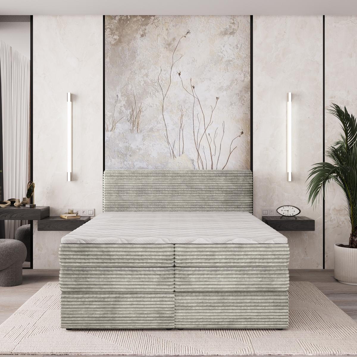 BOXSPRINGBETT LUNERA 180x200 cm mit Matratze und Topper - Hellgrau - Hellgrau, Holz (180/200cm) - MASSENO