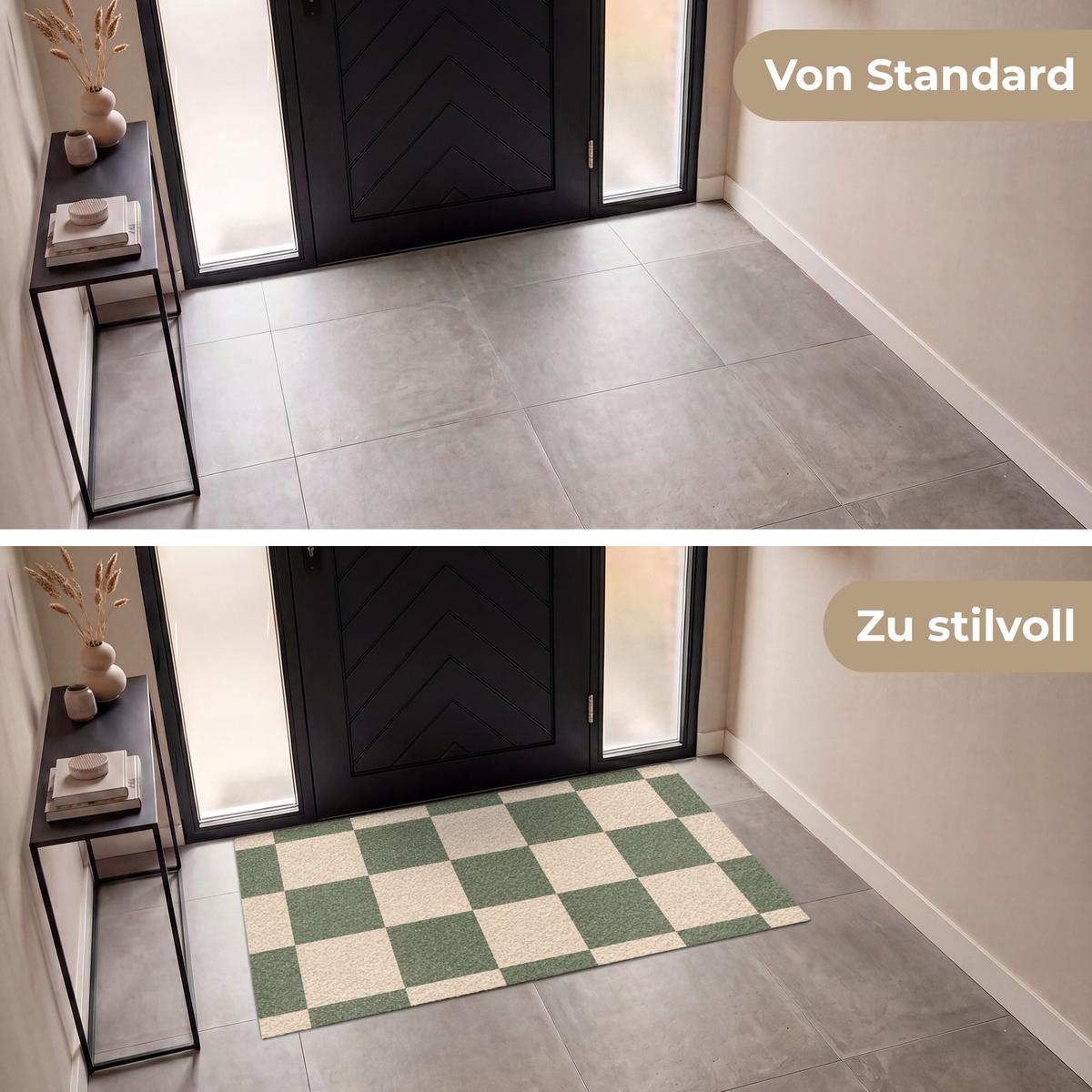 FUSSMATTE Schachbrettmuster - Grün - Beige - Blöcke Flurteppich 150x90 cm - Olivgrün, Kunststoff (150/0.4cm) - MuchoWow