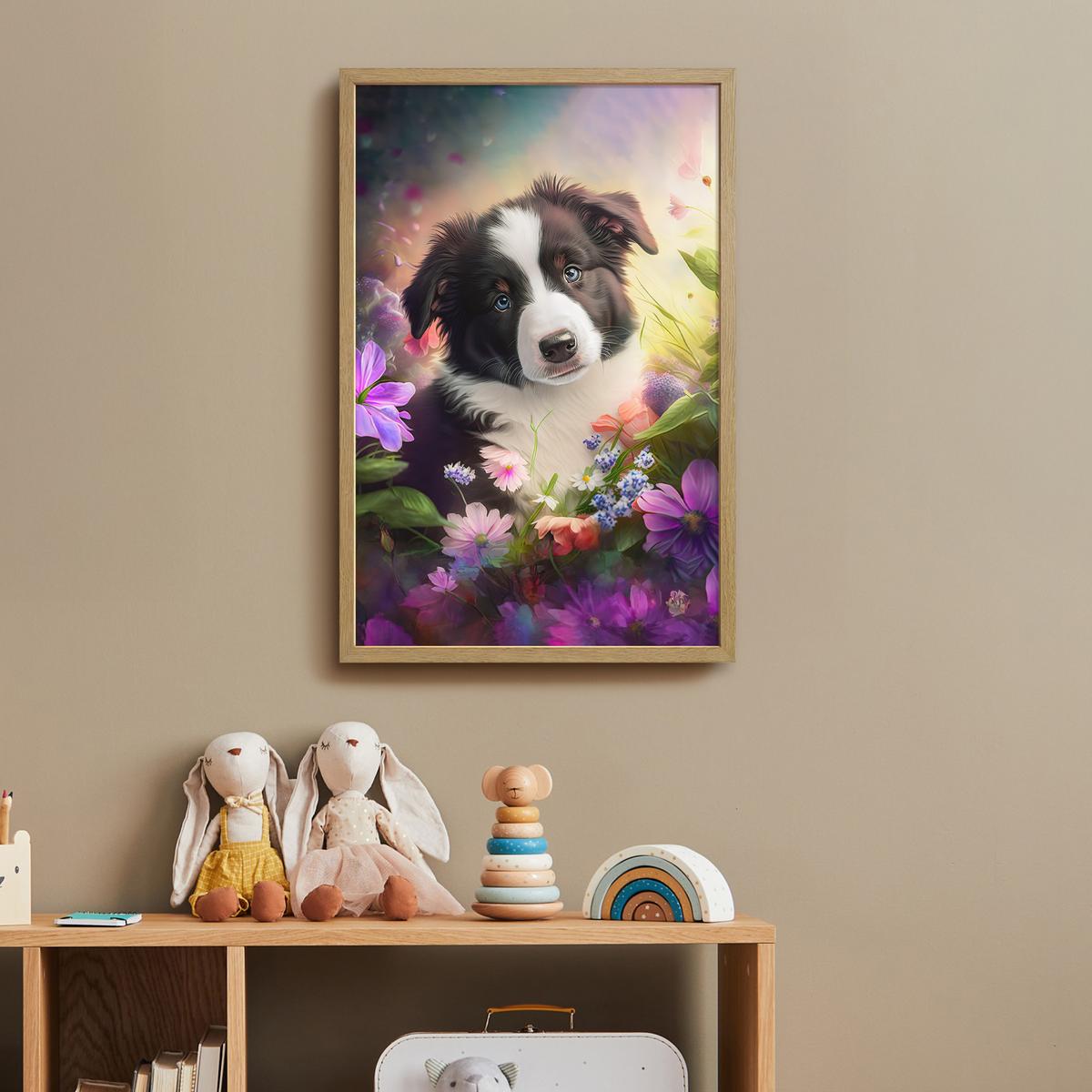 WANDLEUCHTE MIT AKKU Welpe - Sonne - Blumen - Natur - Border Collie - Hund 40x60 cm - Violett, Holzwerkstoff (40/60/8cm) - OnlyWow