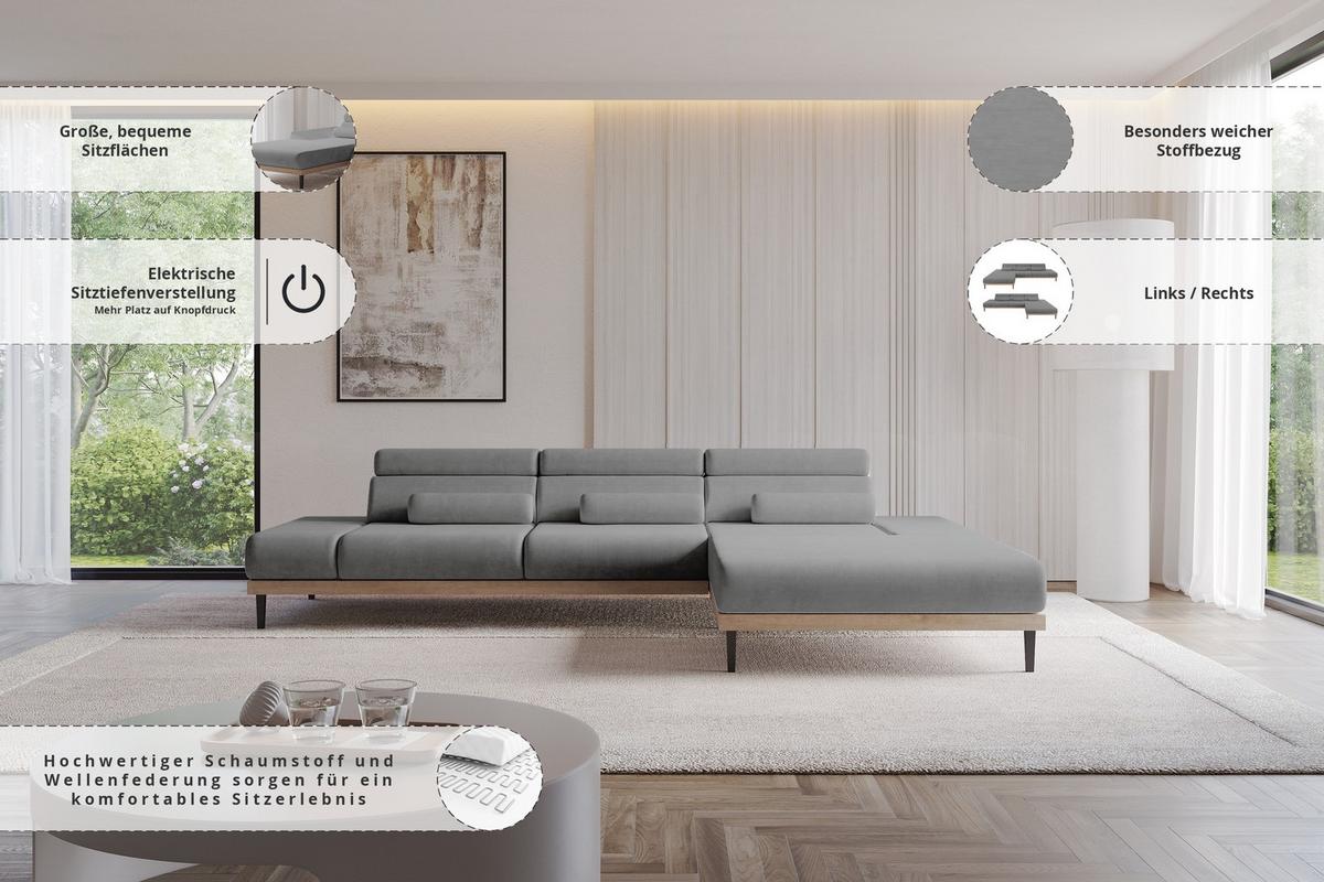 ELEKTRISCHES ECKSOFA Rechts MONA 316x205x85 Grau Velours - Taupe, Holzwerkstoff/Textil (316/205cm) - ALTDECOR