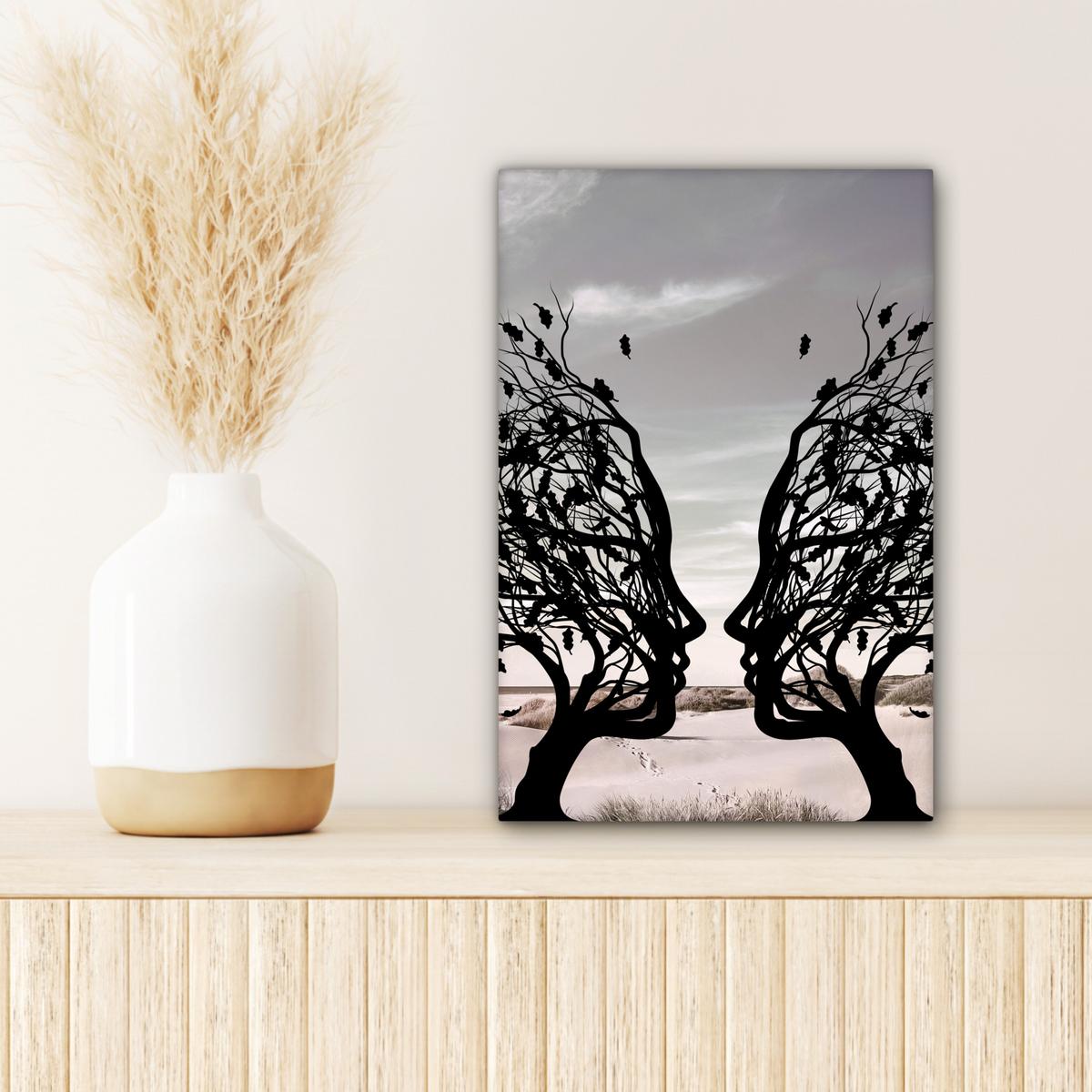 LEINWANDBILD Strand - Meer - Menschen - Baum - Moderne Kunst Deko Wohnzimmer 20x30 cm - Hellgrau, Textil (20/30cm) - MuchoWow