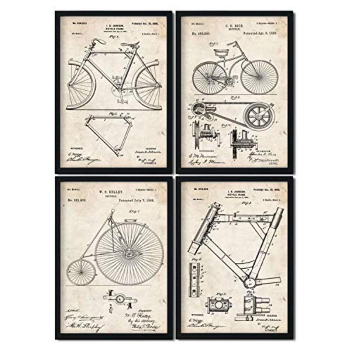 POSTER Set mit 4 Jahrgang Fahrrad Patent A4 Schwarzer Rahmen - Schwarz, Papier (29.7/3cm) - Nacnic