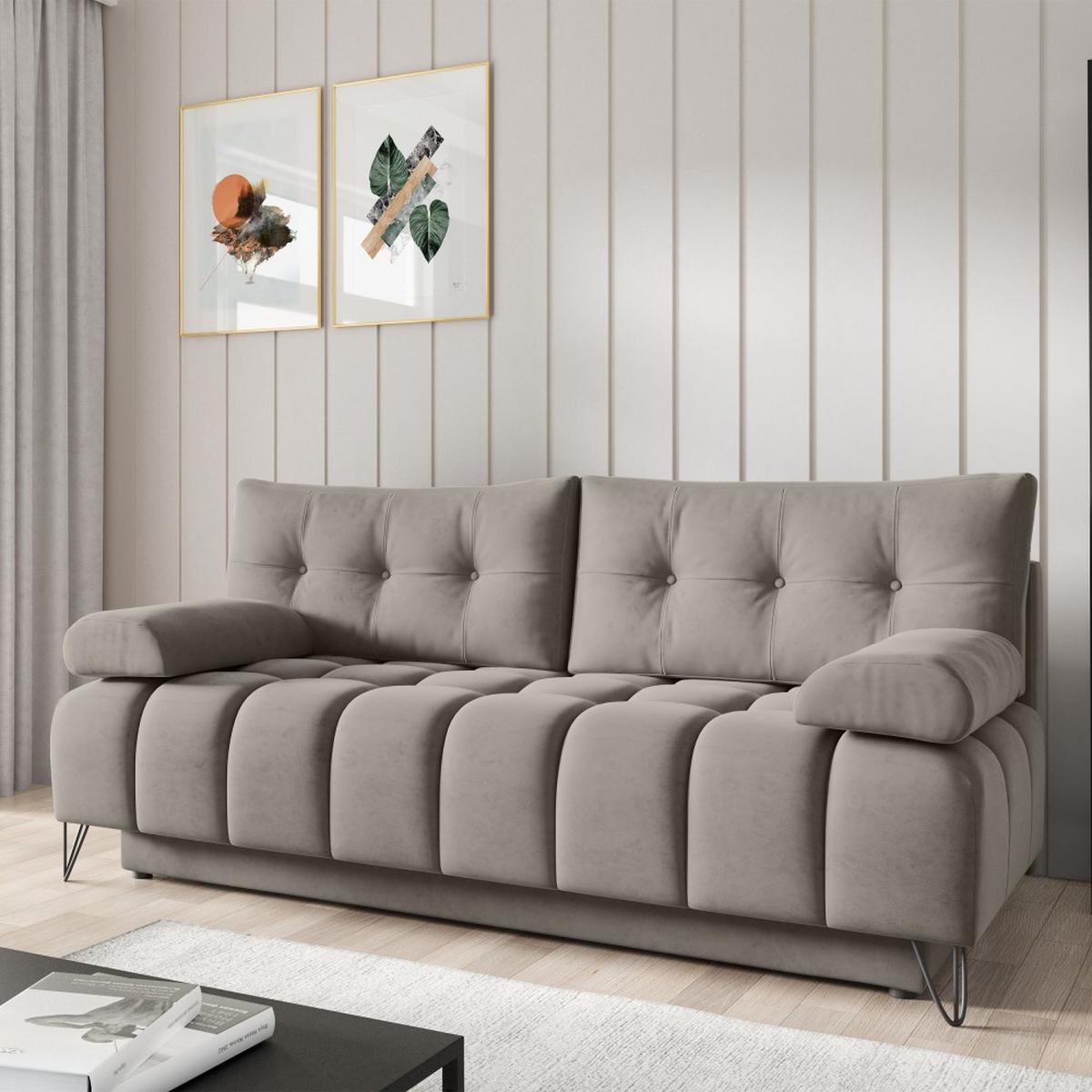 SCHLAFSOFA Bergen im Veloursstoff, Dunkelbeige - Greige/Schwarz, Textil (197/93/100cm) - Beautysofa