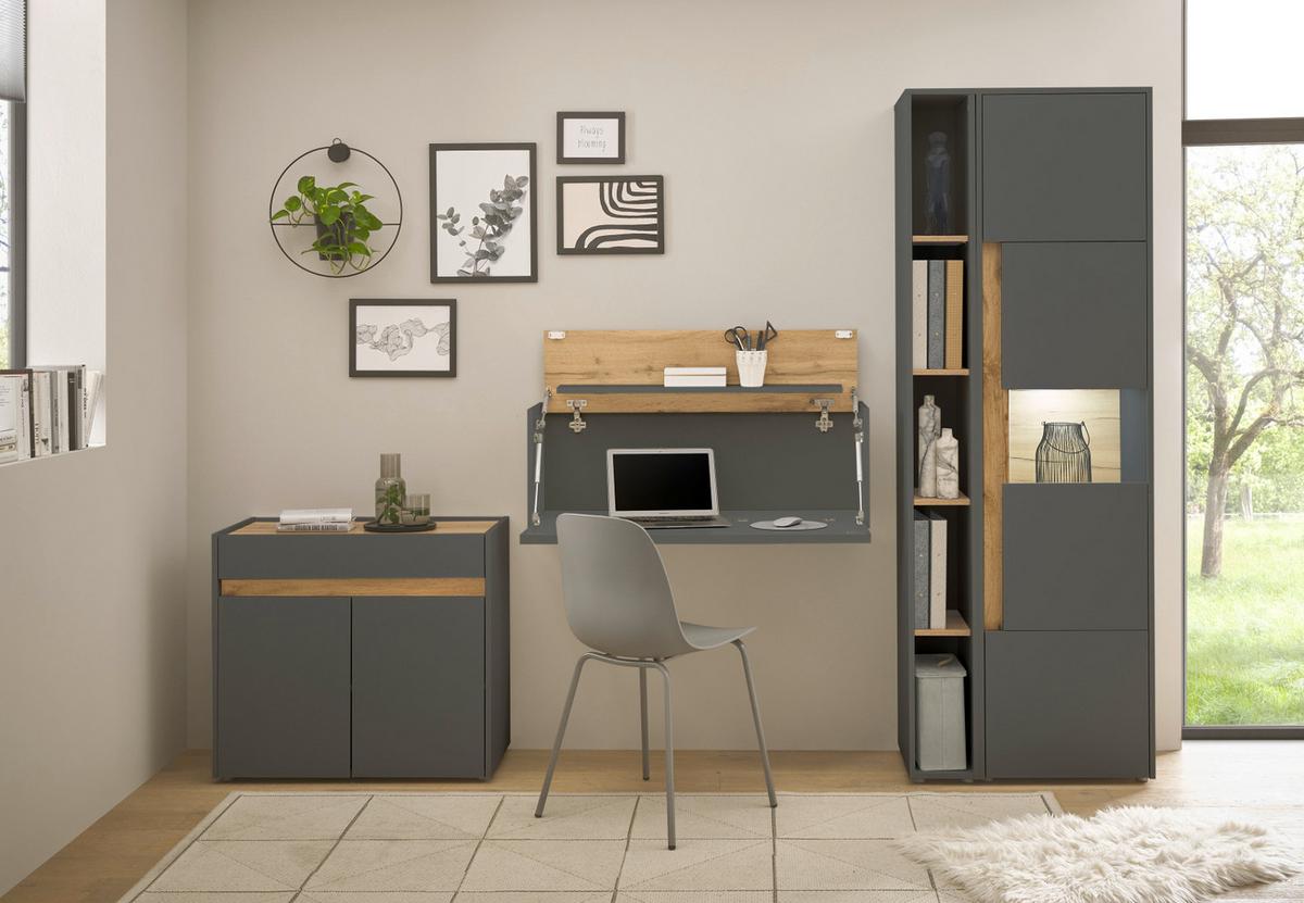 AKTENSCHRANK Grau, Eiche Wotan 50 x 200 cm, Büroschrank mit viel Stauraum und 5 OH - Eiche Wotan/Schwarz, Glas/Holzwerkstoff (50/200/40cm) - Furn.Design