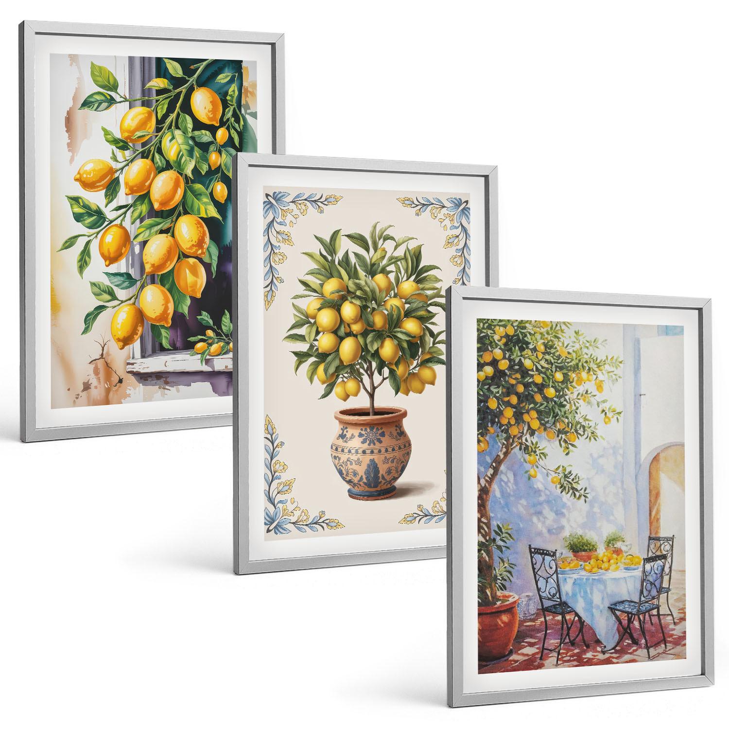 BILDER SET 3er Set - 40x60 cm Silberner Rahmen - Zitronenbäume Früchte Sonne - Silberfarben, Kunststoff (40/60cm) - TULUP